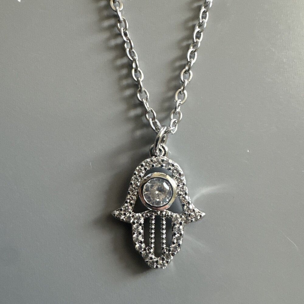 Hamsa Hand Eye Pendant Stainless Steel Cubic Zirconia 18 Inch Necklace